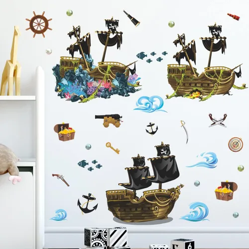 Vista 6 de Calcomanías de pared de barco pirata 3D, calcomanías de pared de naufragio, tema submarino, bricolaje, naufragio, pez, joyería, algas marinas