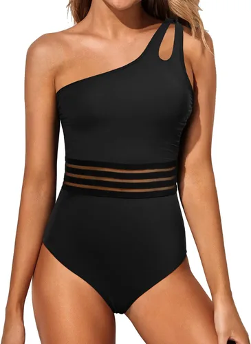 Vista 23 de Women's One Shoulder One Piece Tummy Control Swimsuit Full Coverage Diseño de ojo de cerradura, ajuste de cobertura completa, estilo modesto Negro