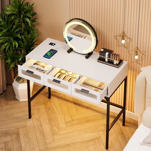 Vista 8 de Gurexl Escritorio LED de maquillaje con luces, juego de tocador con estación de carga, tocador LED con 3 cajones de almacenamiento para dormitorio