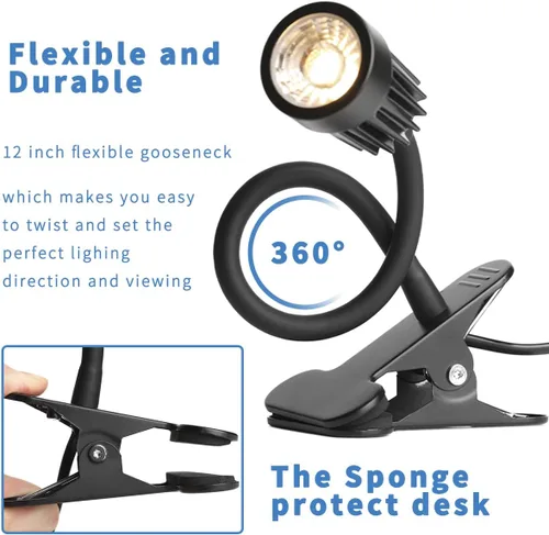 Vista 5 de Lámpara de escritorio con clip LED con abrazadera de 3 W, abrazadera de lámpara de noche de cuello de cisne flexible de 360°, iluminación
