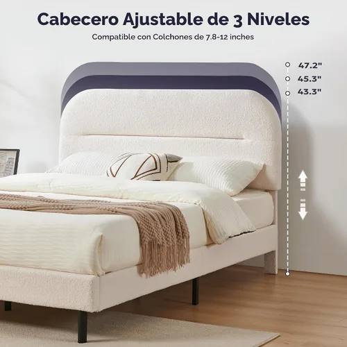 Vista 3 de Furnify Marco de cama tamaño individual, marco de cama tapizado de tela suave con cabecera ajustable, marco de cama de plataforma con esquinas Beige