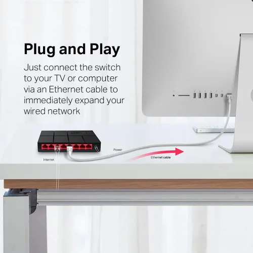 Vista 6 de Mercusys MS108G, interruptor de escritorio, 8 puertos LAN Gigabit de 10/100/1000Mbps, color negro