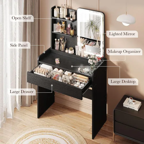 Vista 5 de Memobarco Escritorio pequeño con espejo y luces, tocador de maquillaje con cajón y estantes de almacenamiento, escritorio de tocador con 3 modos