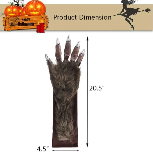 Vista 6 de XGOPTS Guantes largos de hombre lobo para Halloween, disfraz de mano de hombre lobo para cosplay, guantes de garra de lobo, guantes de animales