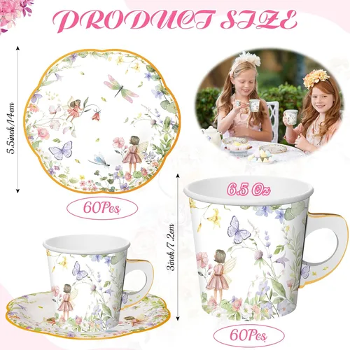 Vista 2 de Umigy 60 juegos de decoraciones para fiestas de té, 6.5 onzas, tazas de té de papel floral de hadas con asa y platos, juegos de tazas de té y Azul