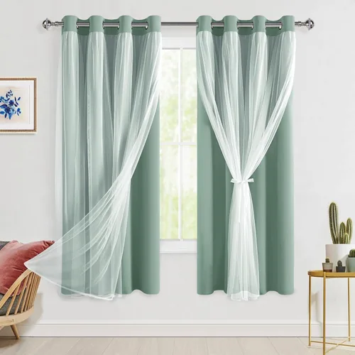 Vista 92 de Hiasan Cortinas opacas con superposición transparente, aislamiento térmico para mezclar y combinar de doble capa, cortinas de oscurecimiento de Beige