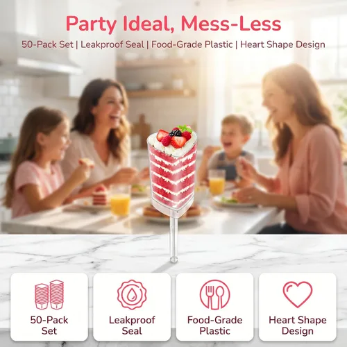 Vista 8 de Jucoan Paquete de 50 recipientes de plástico con forma de corazón para tartas, cupcakes de helado de gelatina con tapas para el día de San Valentín
