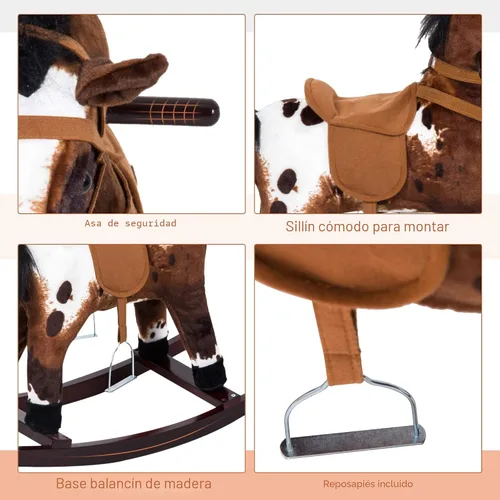 Vista 6 de Qaba Kids - Silla de montar de madera con peluche y mecedora con sonidos realistas, color marrón oscuro/blanco
