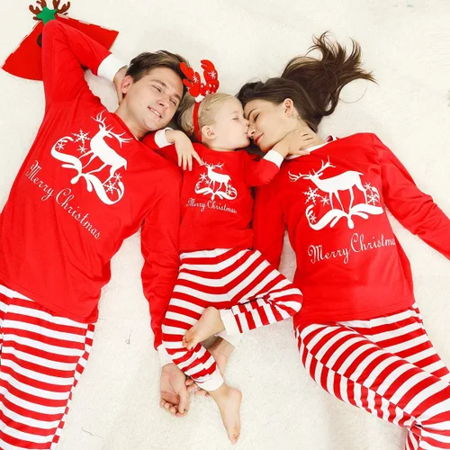 Vista 4 de Pijamas navideñas a juego para la familia Ropa de dormir de manga larga y pantalón Conjunto de pijamas familiar