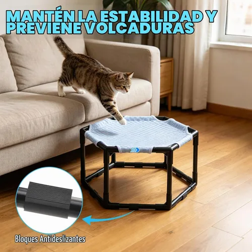 Vista 6 de Cama hamaca elevada para gatos, cuna hexagonal elevada para gatos con tela transpirable de gorro de hielo y bloque antideslizante, alfombrilla