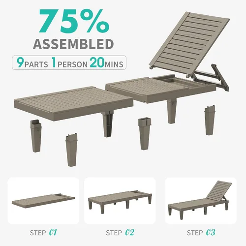 Vista 5 de Juego de sillas reclinables al aire libre, 2 piezas, 5 posiciones ajustables para bronceado con textura de madera, silla de patio de resina