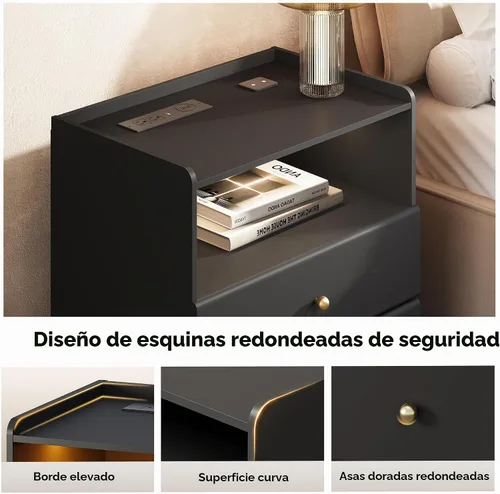 Vista 6 de WLIVE Mesita de noche negra con estación de carga, mesita de noche LED Negro