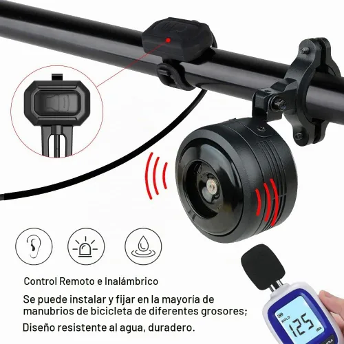 Vista 5 de Bocina de alarma para bicicleta con control remoto, recargable por USB, impermeable, alarma antirrobo de vibración para bicicletas, scooters
