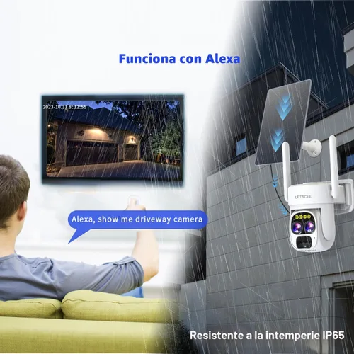 Vista 6 de Cámaras para seguridad en el hogar inalámbrica solar al aire libre, cámara de seguridad Alexa exterior, cámara WiFi exterior de 360 PTZ, lente dual