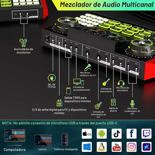 Vista 7 de TENLAMP Paquete de mezclador de audio G9 con micrófono para streaming y Transmisión fácil con reducción de ruido, efectos de voz, sintonización Azul
