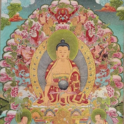 Vista 3 de Bordado de seda tibetano Thangka budismo Sakyamuni Buddha Tangka Yoga Budista Tapiz colgante de pared Arte de pared Decoración del hogar Tapiz