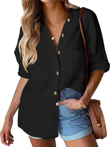 Vista 20 de HOTOUCH Camisa de manga larga con botones de lino para mujer, blusa de algodón casual, holgada, con cuello, para trabajo, de gasa, con bolsillo