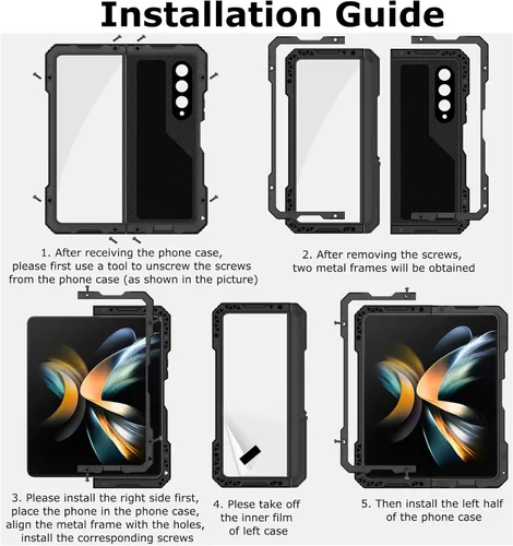 Vista 7 de Funda de metal para Samsung Galaxy Z Fold 4 con soporte para bolígrafo S, funda militar resistente Z Fold4 con protector de pantalla integrado, Negro