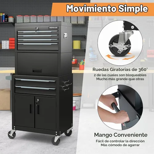 Vista 6 de IRONMAX Cofre de herramientas de acero 3 en 1, 6 cajones y compartimento
