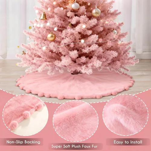 Vista 16 de ORTIGIA Falda blanca para árbol de Navidad de 48 pulgadas con POM POM, falda de árbol de Navidad de felpa suave de piel sintética blanca para árbol