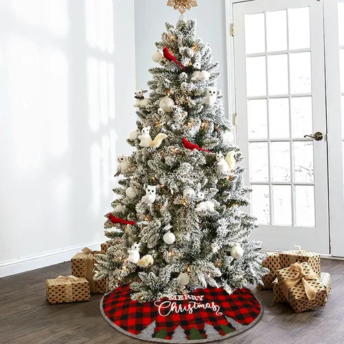 Vista 3 de Juegoal Falda de árbol de Navidad de 32 pulgadas, tapete de árbol de Navidad suave a cuadros rojos y negros para decoración de fiestas de Navidad