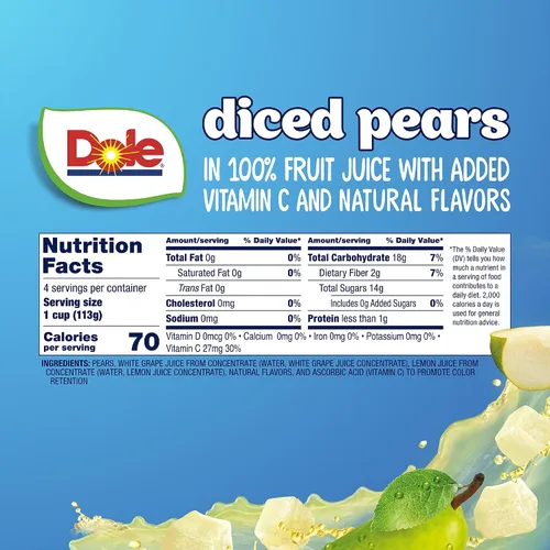 Vista 2 de Dole - Tazones de peras en cubos en jugo 100% de fruta, 4 oz, 24 tazas en total, sin gluten ni lácteos, refrigerios a granel para niños y adultos
