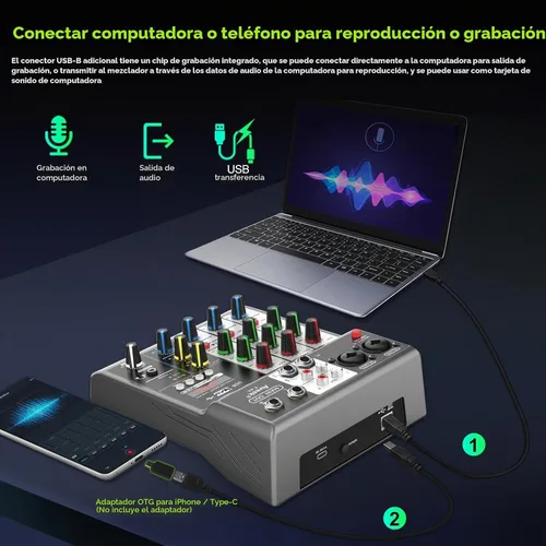 Vista 6 de Mezclador de audio profesional Aveek, consola de mezcla de placa de sonido con 4 canales digitales USB Bluetooth, efecto de eco y retardo, entrada