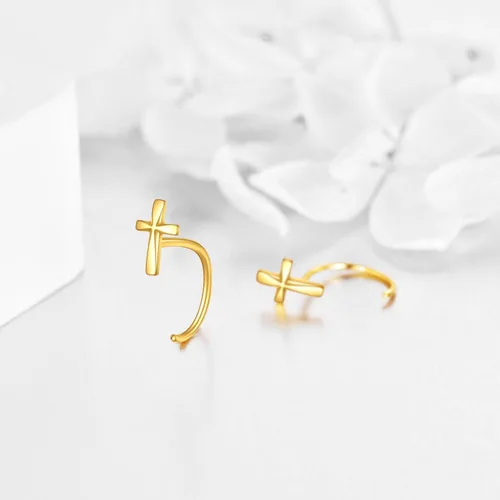Vista 3 de Aretes de aro de medio aro de 14 quilates de oro macizo, aretes de aro Huggie para mujeres y niñas