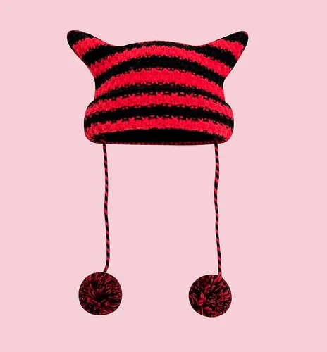 Vista 2 de Gorro de gato con orejas para mujer, gorros holgados para mujer, accesorios grunge, sombreros de ganchillo