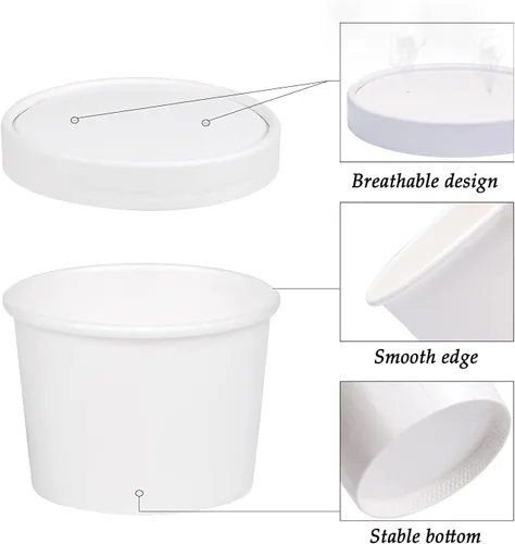 Vista 3 de Juego de 50 tazas desechables de helado blanco de 12 onzas con tapa, tazas de papel para llevar, taza de papel para llevar, recipiente de comida