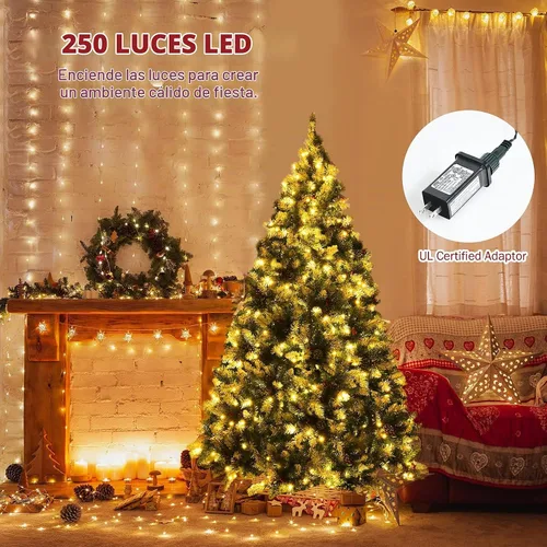 Vista 2 de Goplus - Árbol de Navidad artificial preiluminado de 1.8 m con bisagras, cubierto de nieve, con piñas, bayas rojas y 250 luces LED, 8 modos