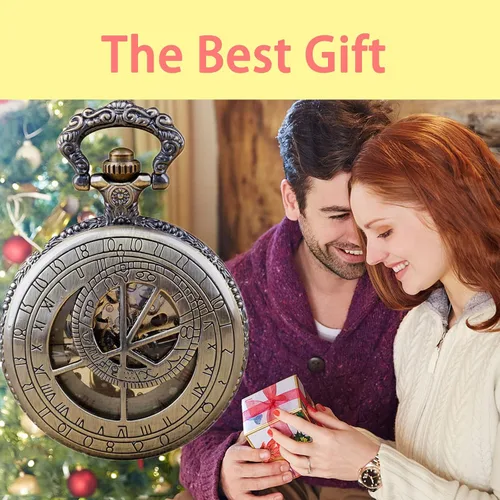 Vista 8 de Bronze Men's Antique Mechanical Pocket Watch, Skeleton Mechanical Roman Numerals Pocket Watch with Chain + Box