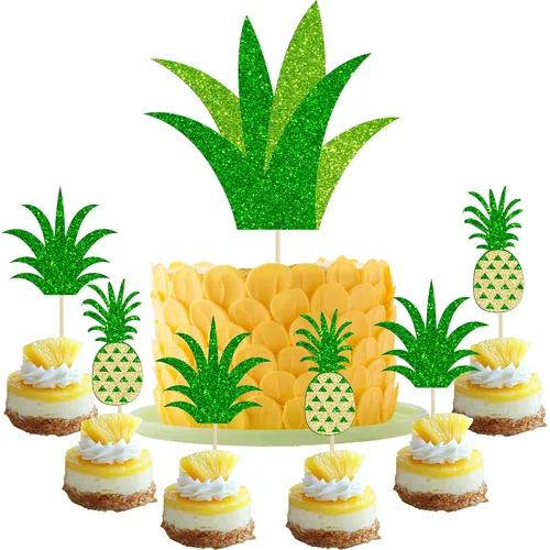Vista 13 de Gyufise 1 decoración de pastel de flamenco con purpurina para decoración de pastel de flamenco para decoración de pastel hawaiano Luau tropical piña
