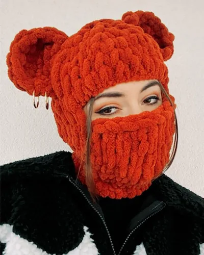 Vista 6 de Máscara de esquí de punto con diseño de ganchillo, máscara facial con diseño de conejo divertido en 3D, para Año Nuevo, clima frío o fiesta
