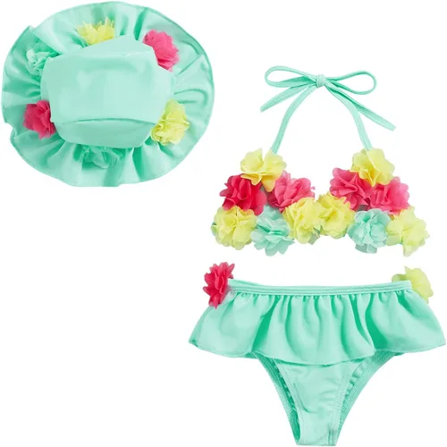 Vista 9 de Yccutest Traje de baño de flores para bebé, 3 piezas, parte superior triangular, parte inferior con volantes, sombrero para el sol, conjunto
