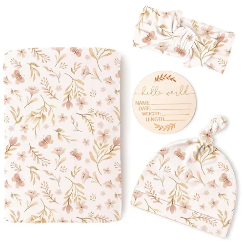 Vista 13 de Konssy Manta para bebé recién nacido con gorro y gorro, manta de recepción Beige