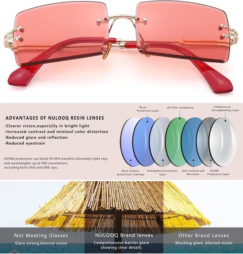 Vista 5 de NULOOQ Gafas de sol rectangulares sin montura para mujeres y hombres, Y2K sin marco, lentes de sol teñidas y gruesas degradadas