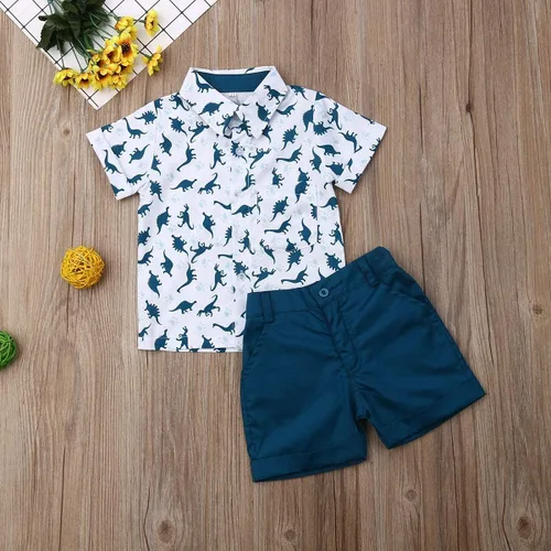 Vista 2 de Conjunto de camisa de manga corta con botones y pantalones cortos casuales con diseño de flamingo, para bebés y niños de 1 a 6 años, atuendos