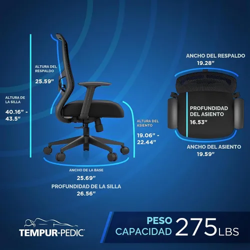 Vista 2 de Tempur-Pedic ProTask - Silla de oficina ejecutiva con respaldo de malla y soporte lumbar integrado, silla de escritorio ergonómica de malla Negro