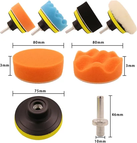 Vista 4 de 3 pulgadas 11 unids/set auto autoadhesivo pulir esponja cera rueda de lana disco de pulido almohadilla para pulidor automotriz taladro adaptador