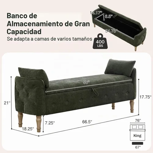 Vista 2 de Banco de almacenamiento tapizado de 67 pulgadas, tamaño King, color verde