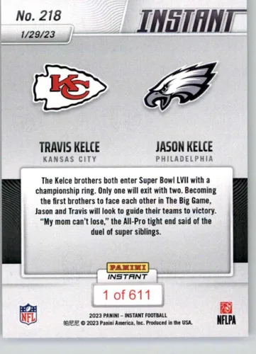 Vista 2 de 2022 Panini Instant #218 Travis Kelce/Jason Kelce (Foto de Intercambio de Jersey) Kansas City Chiefs/Philadelphia Eagles /611 Tarjeta Oficial