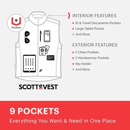 Vista 5 de SCOTTeVEST Chaleco de viaje 101 para hombre, 9 bolsillos ocultos, chaleco repelente al agua transpirable para viajes, senderismo, golf y más