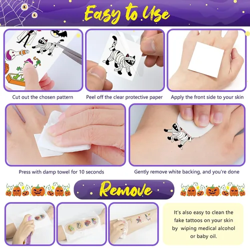 Vista 4 de Leesgel Decoraciones de Halloween – Tatuajes temporales para niños (12 hojas), calcomanías luminosas de tatuaje falso para niños y niñas, regalos