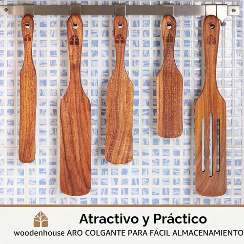 Vista 4 de Juego de 5 espátulas de madera de teca, herramientas de cocina para cocinar
