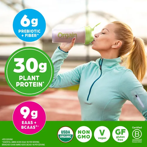 Vista 5 de Orgain - Polvo de proteína vegano orgánico de 30g, chocolate con 9g de EAA + BCAA, proteína vegetal, 6g de prebiótico + fibra, 1g de azúcar