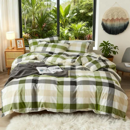 Vista 24 de DONEUS Juego de funda de edredón a cuadros 100% algodón lavado como lino súper suave y cómodo, juego de ropa de cama de 3 piezas a cuadros negros