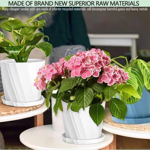 Vista 4 de Macetas de 8 pulgadas con agujeros de drenaje y platillos - Macetas para plantas de interior - Macetas de plástico blanco para plantas al aire libre
