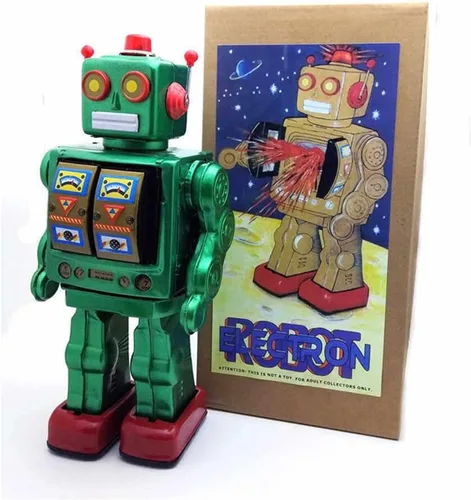 Vista 8 de Charmgle Juguetes de lata retro robot para caminar, robot de escritorio eléctrico giratorio con sonido de pistola de fuego, colección para adultos
