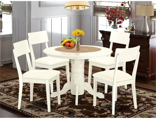 Vista 2 de East West Furniture SHAD5-LWH-LC - Juego de mesa y sillas de cocina de 5 piezas, incluye una mesa de comedor redonda con pedestal y 4 sillas